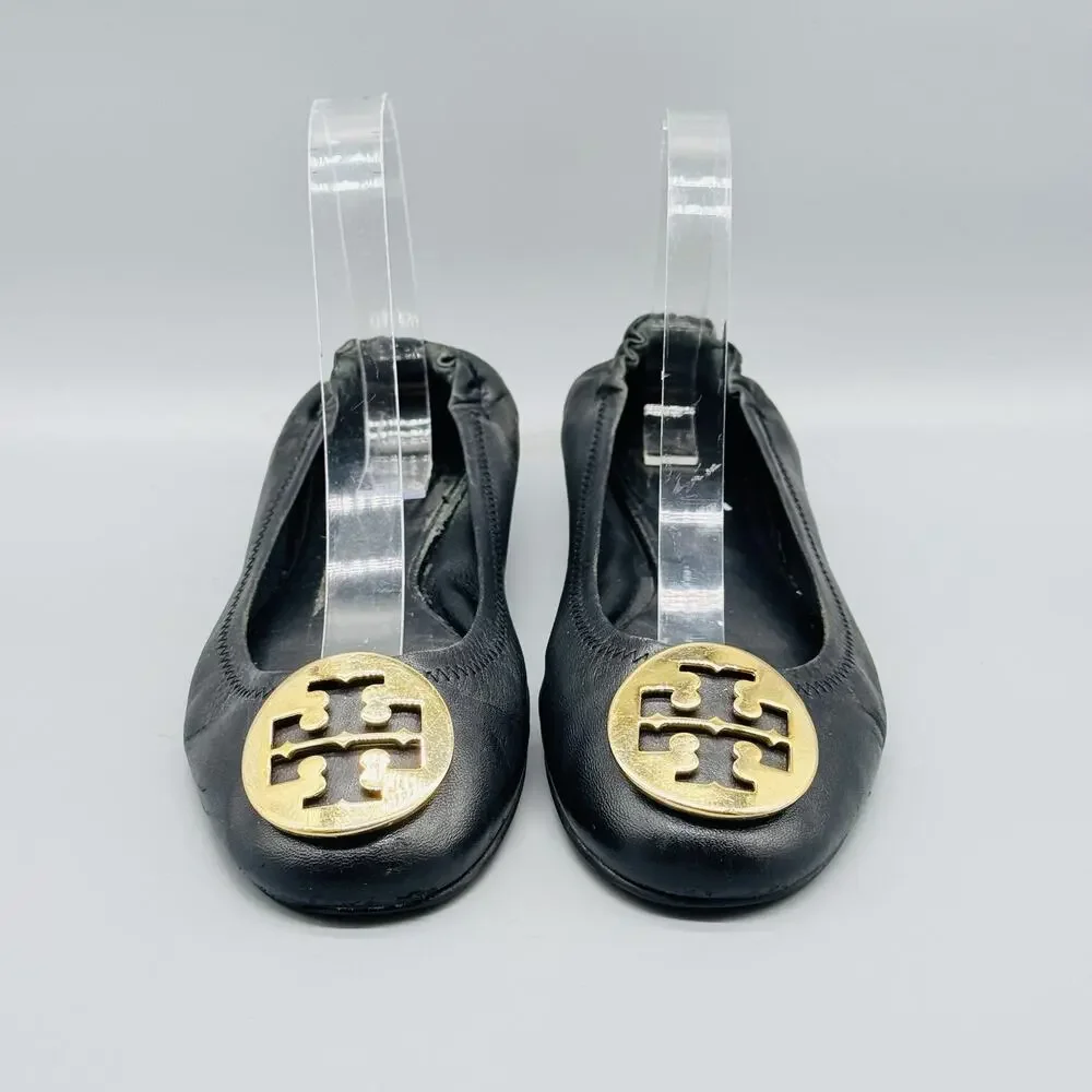 Tory Burch Shoes Women 7.5 Black Leather Ballet Flats Gold Medallion Logo Travel